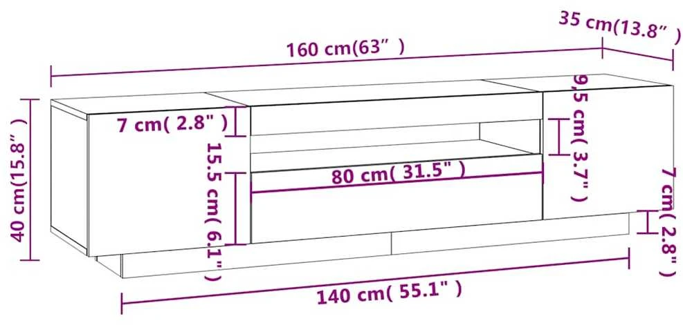 TV staliukas Televizoriaus spintelė su LED apšvietimu, pilka, 160x35x40cm