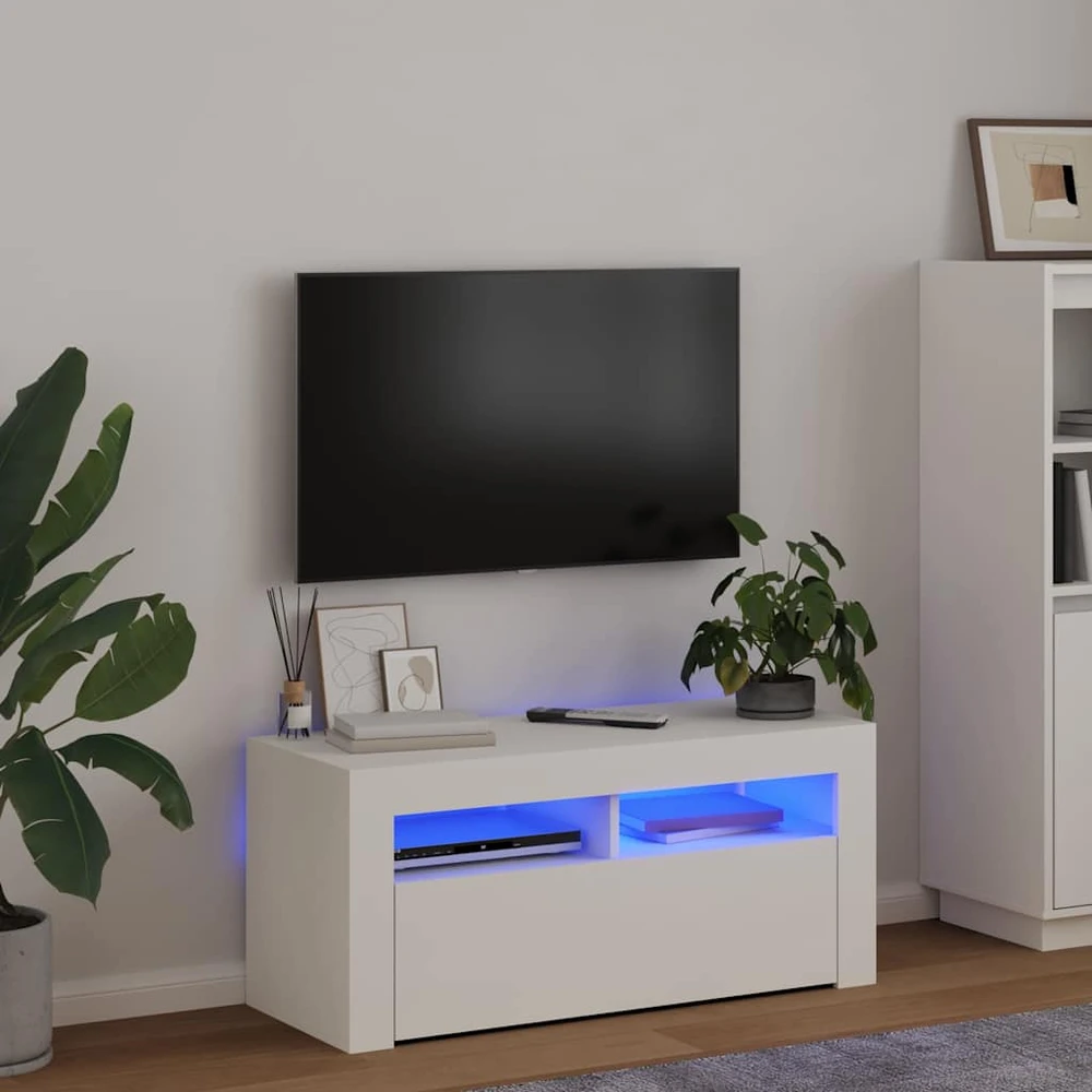 TV staliukas Televizoriaus spintelė su LED apšvietimu, balta, 90x35x40cm