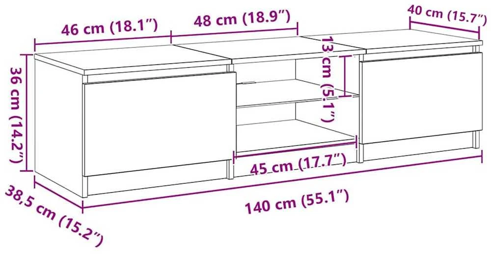 TV staliukas Televizoriaus spintelė su LED apšvietimu, balta, 140x40x35,5cm