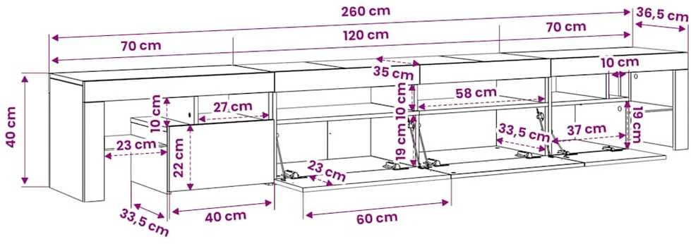 TV staliukas Televizoriaus spintelė su LED apšvietimu, ąžuolo, 260x36,5x40cm
