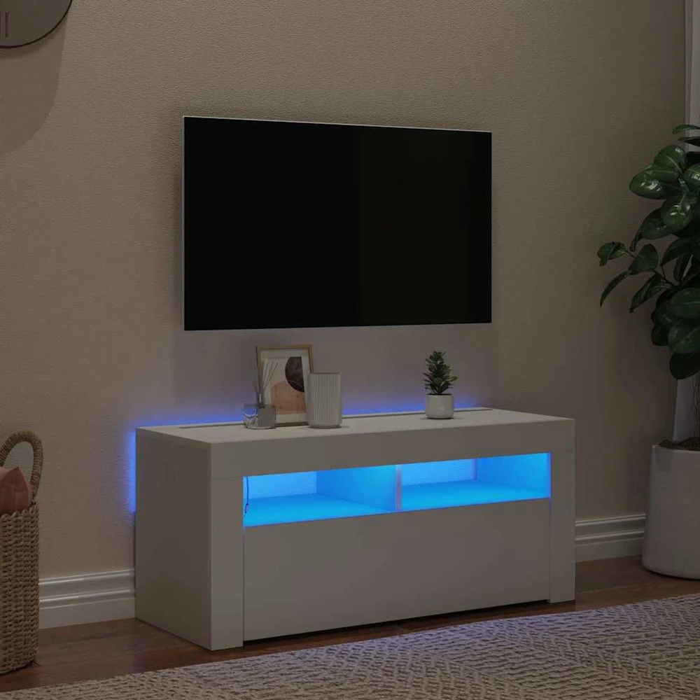 TV staliukas Televizoriaus spintelė su LED apšvietimu, balta, 90x35x40cm