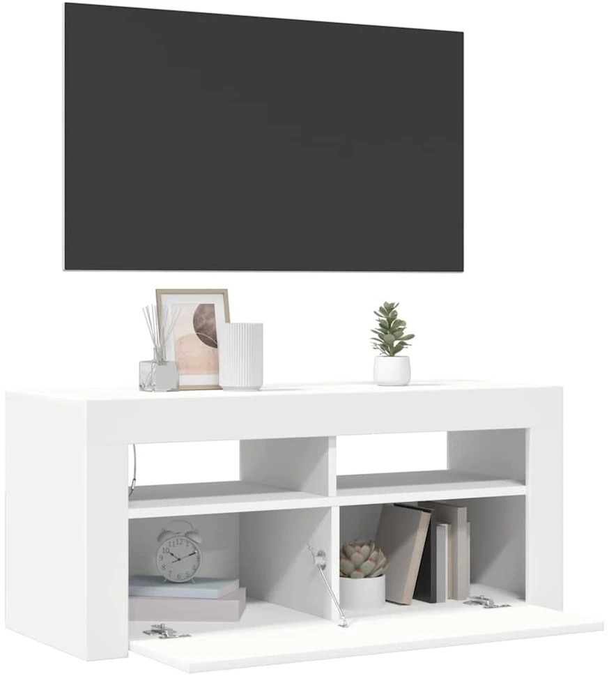 TV staliukas Televizoriaus spintelė su LED apšvietimu, balta, 90x35x40cm