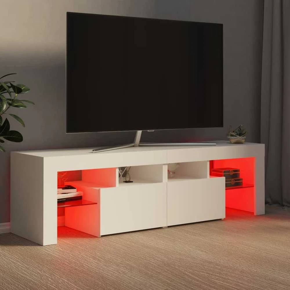 TV staliukas Televizoriaus spintelė su LED apšvietimu, balta, 140x36,5x40cm