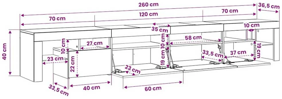 TV staliukas Televizoriaus spintelė su LED apšvietimu, balta, 260x36,5x40cm