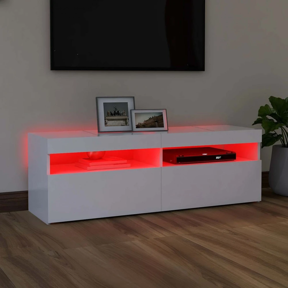 TV staliukas Televizoriaus spintelė su LED apšvietimu, balta, 120x35x40cm