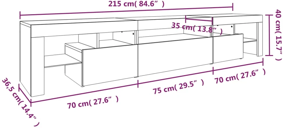TV staliukas Televizoriaus spintelė su LED apšvietimu, balta, 215x36,5x40cm