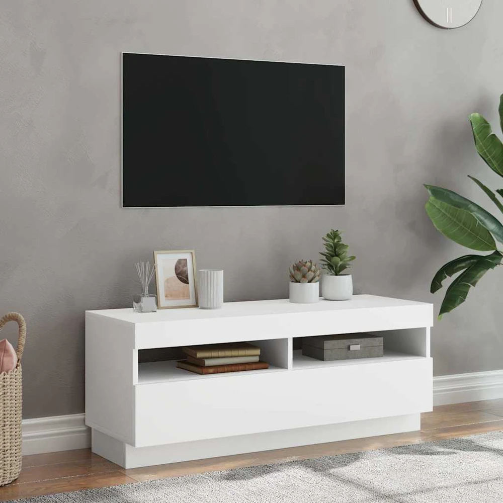TV staliukas Televizoriaus spintelė su LED apšvietimu, balta, 100x35x40cm