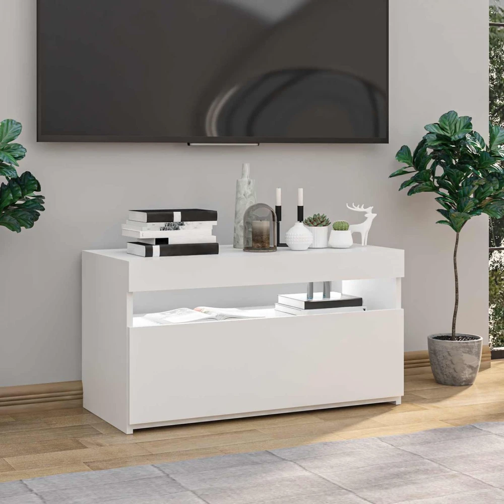 TV staliukas Televizoriaus spintelė su LED, balta, 75x35x40cm, blizgi