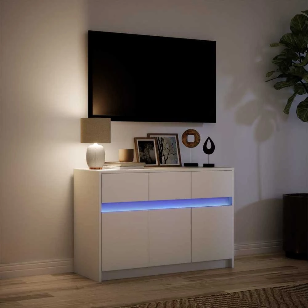 TV staliukas Televizoriaus spintelė su LED, balta, 91x34x61cm, mediena