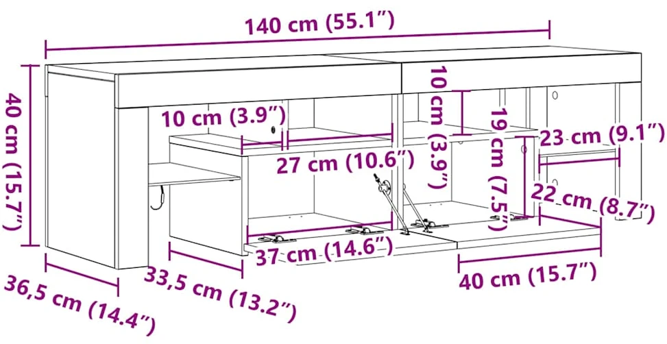 TV staliukas Televizoriaus spintelė su LED, betono pilka, 140x36,5x40cm