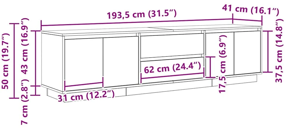 TV staliukas Televizoriaus spintelė su LED, pilka ąžuolo, 193,5x41x50 cm