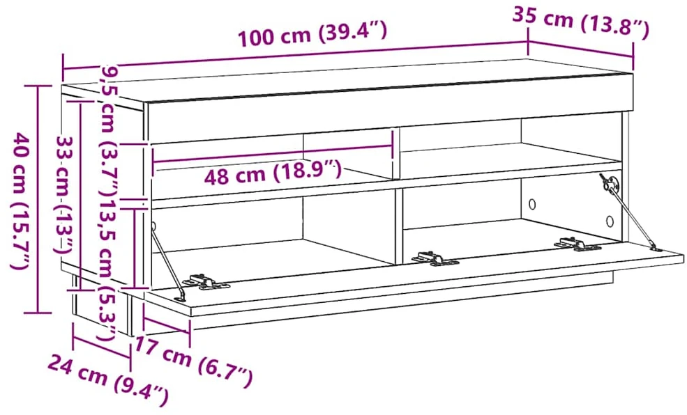 TV staliukas Televizoriaus spintelė su LED, pilka ąžuolo, 100x35x40cm