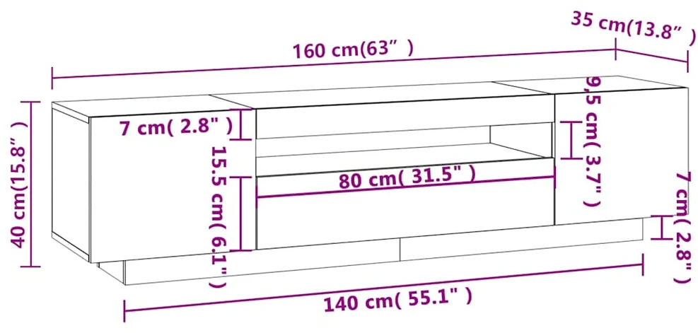 TV staliukas Televizoriaus spintelė su LED, pilka ąžuolo, 160x35x40cm