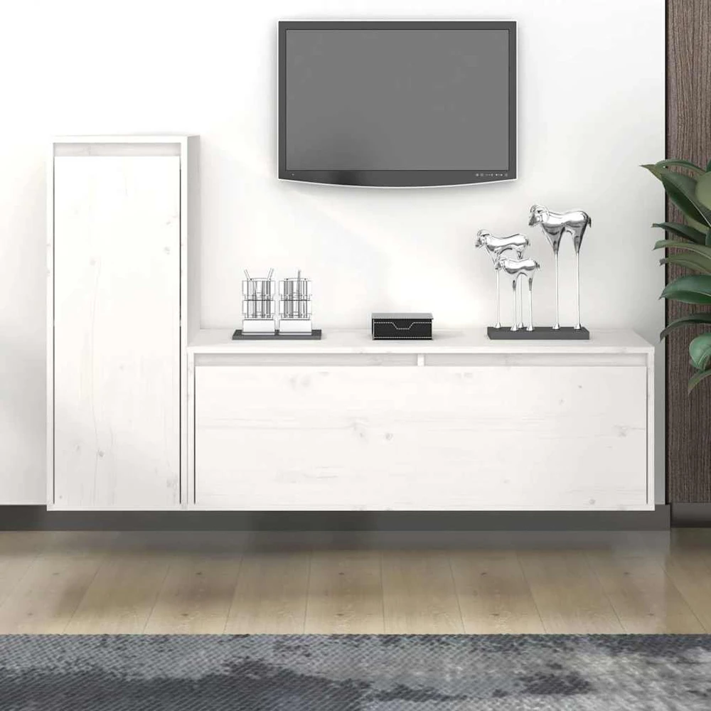 TV staliukas Televizoriaus spintelės, 2vnt., baltos, pušies medienos masyvas