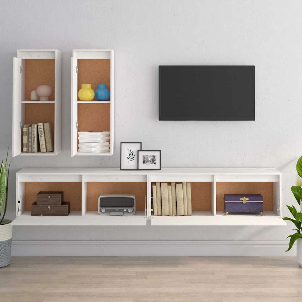 TV staliukas Televizoriaus spintelės, 4vnt., baltos, pušies medienos masyvas