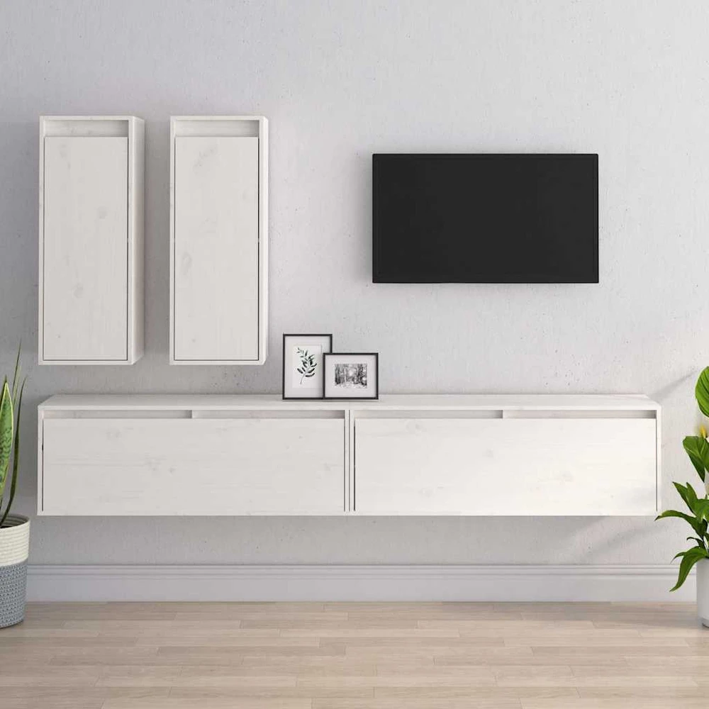 TV staliukas Televizoriaus spintelės, 4vnt., baltos, pušies medienos masyvas