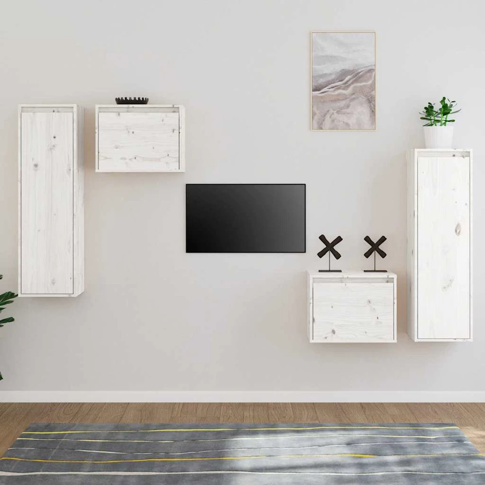 TV staliukas Televizoriaus spintelės, 4vnt., baltos, pušies medienos masyvas