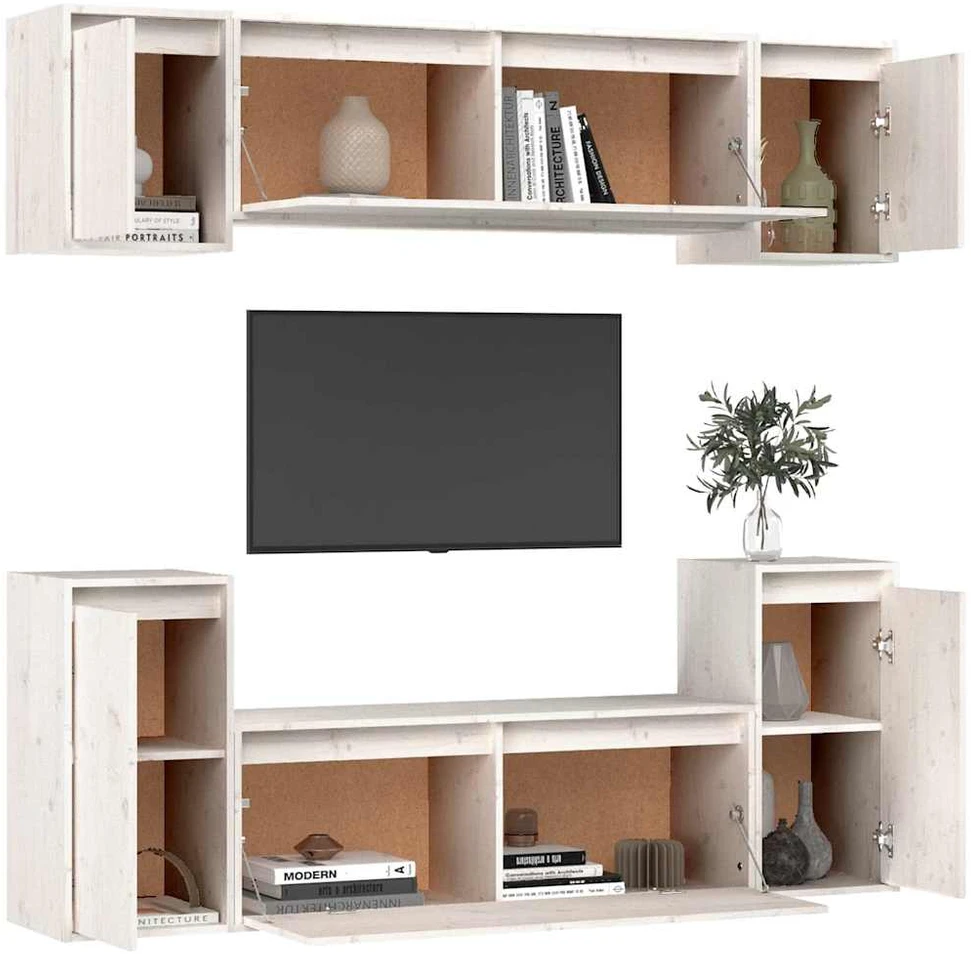 TV staliukas Televizoriaus spintelės, 6vnt., baltos, pušies medienos masyvas