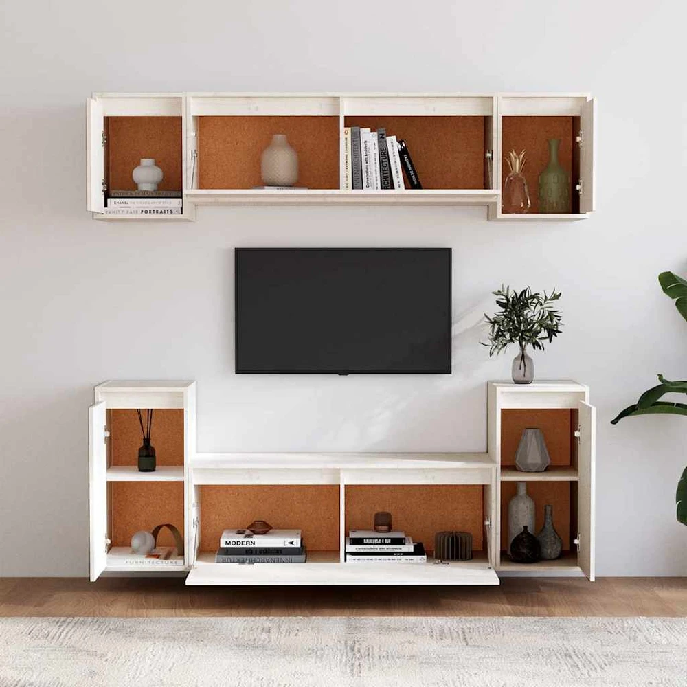 TV staliukas Televizoriaus spintelės, 6vnt., baltos, pušies medienos masyvas