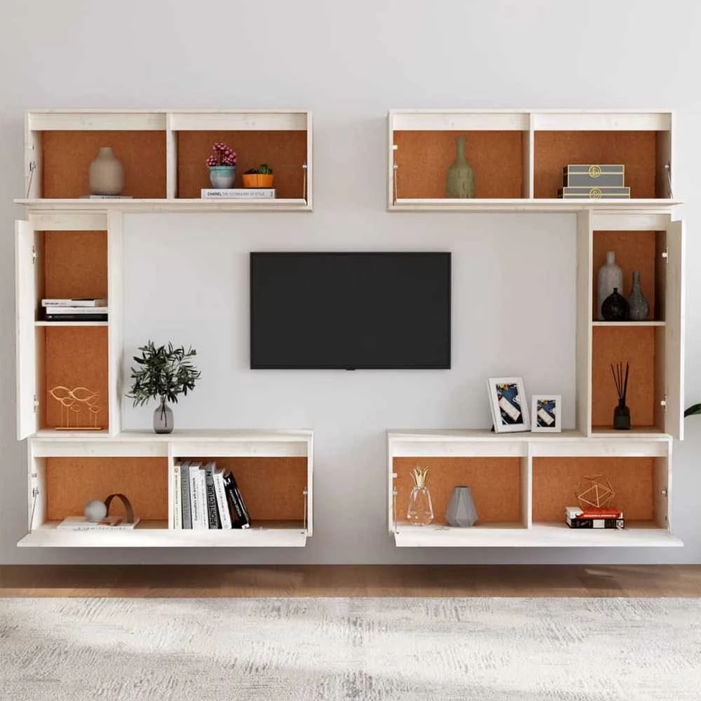 TV staliukas Televizoriaus spintelės, 6vnt., baltos, pušies medienos masyvas