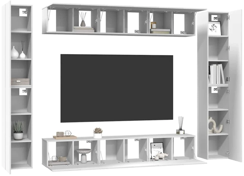 TV staliukas Televizoriaus spintelių komplektas, 10 dalių, baltas, mediena