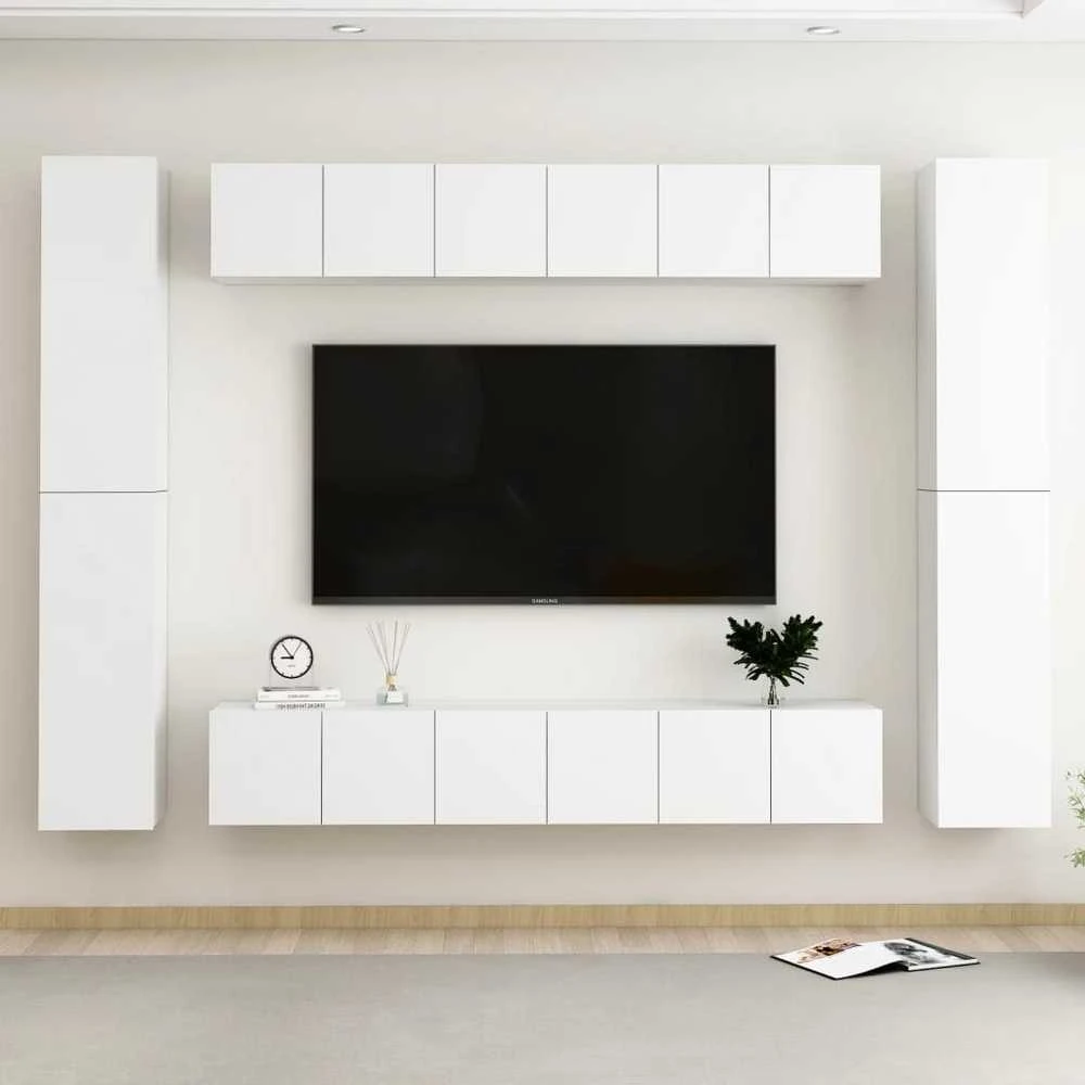 TV staliukas Televizoriaus spintelių komplektas, 10 dalių, baltas, mediena