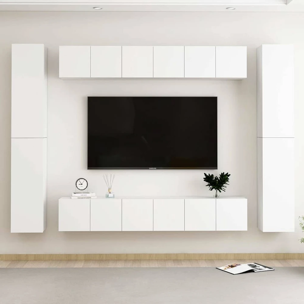TV staliukas Televizoriaus spintelių komplektas, 10 dalių, baltas, mediena