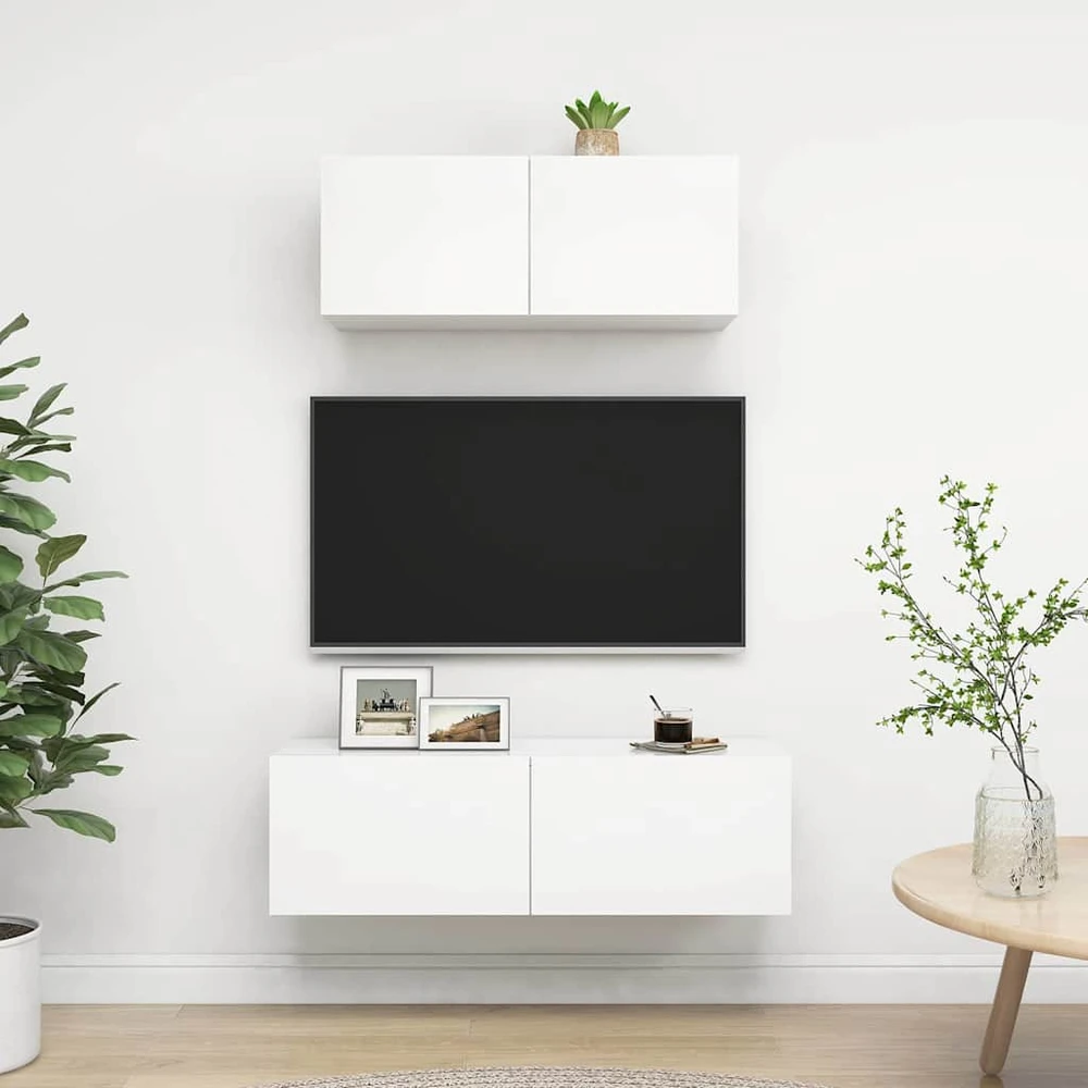 TV staliukas Televizoriaus spintelių komplektas, 2 dalių, baltas, mediena