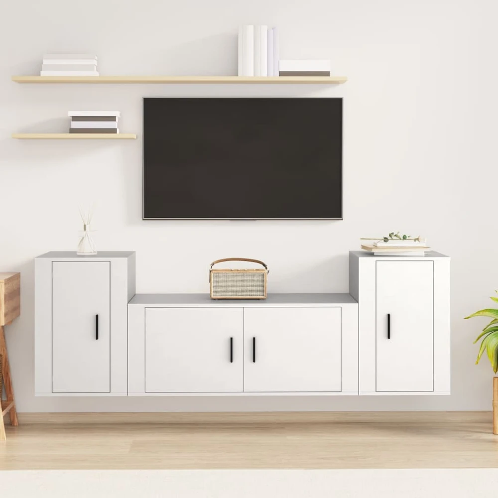 TV staliukas Televizoriaus spintelių komplektas, 3 dalių, baltas, mediena