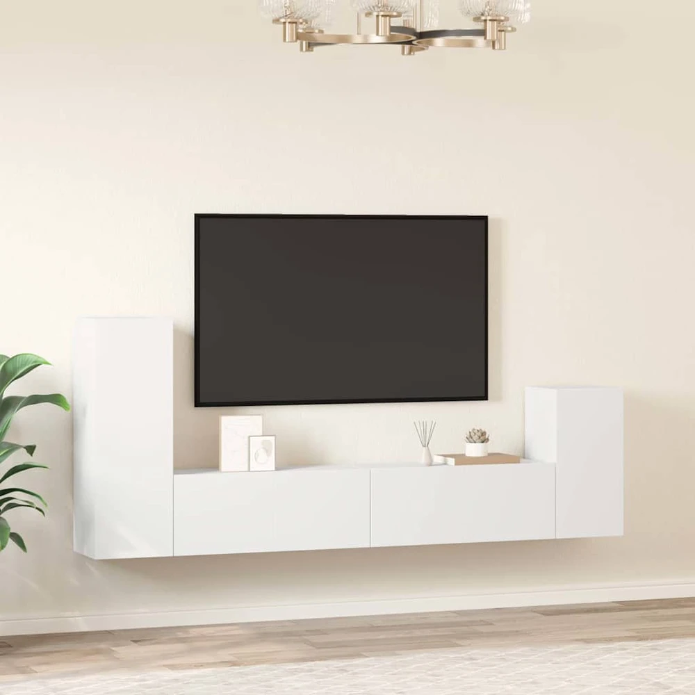 TV staliukas Televizoriaus spintelių komplektas, 4 dalių, baltas, mediena