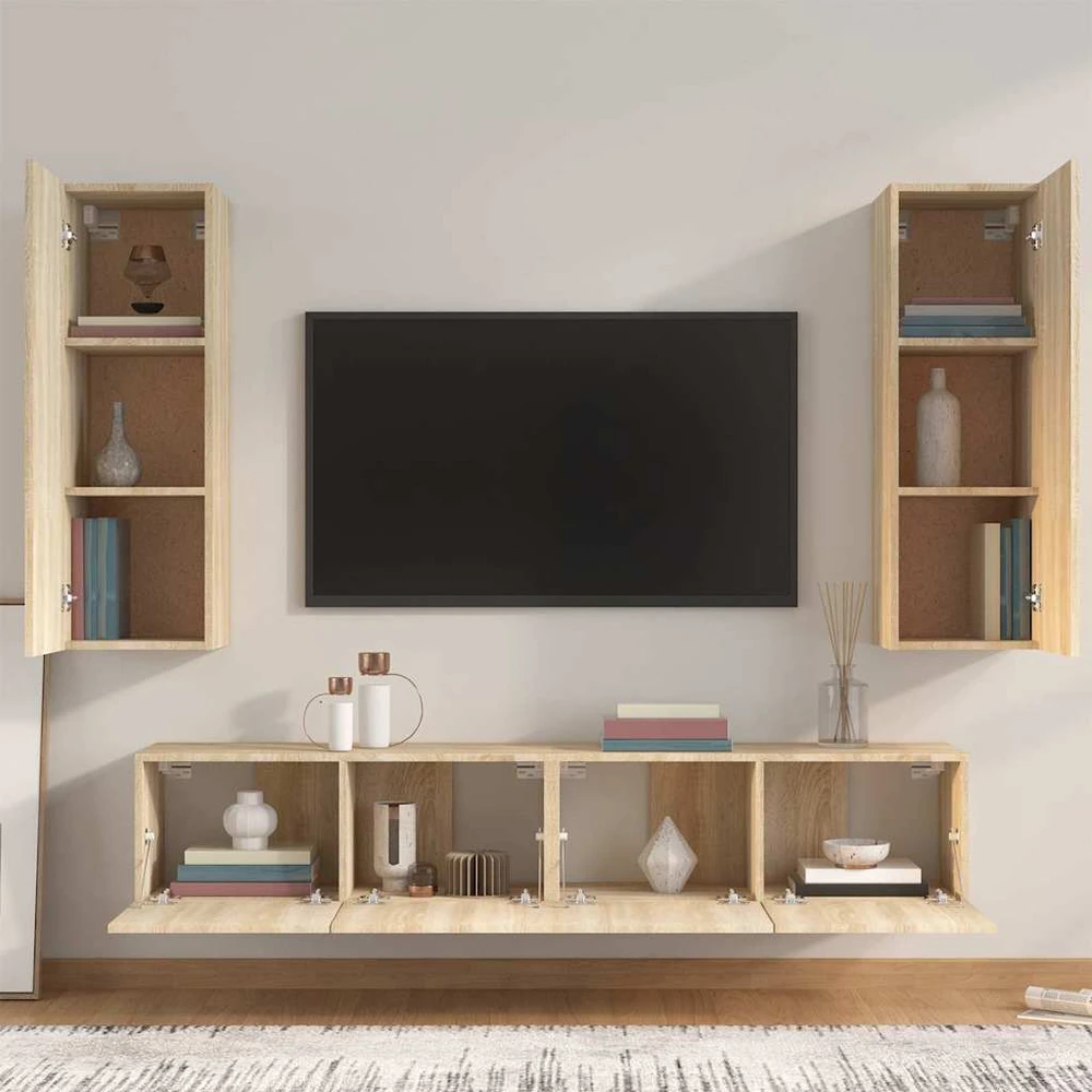 TV staliukas Televizoriaus spintelių komplektas, 4 dalių, ąžuolo, mediena