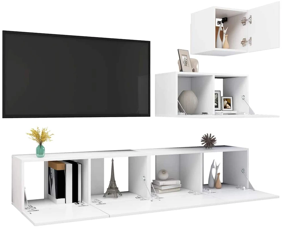 TV staliukas Televizoriaus spintelių komplektas, 4 dalių, baltas, mediena