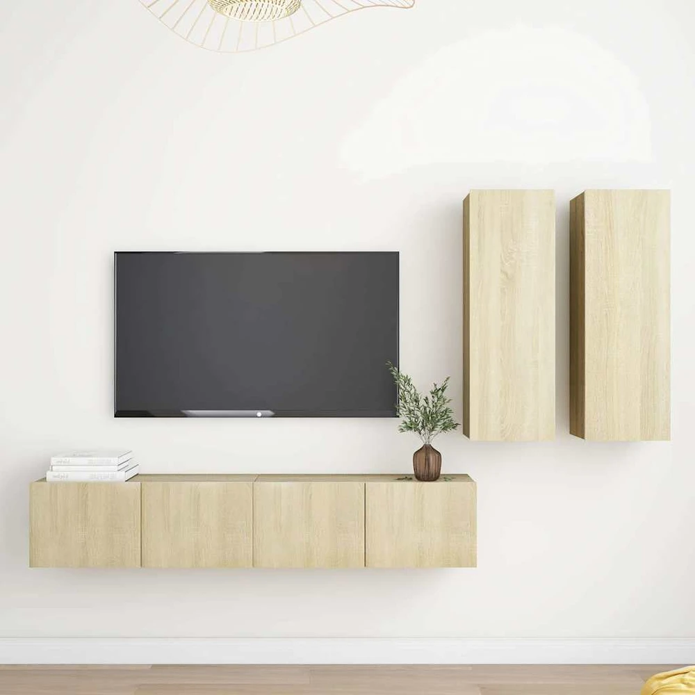 TV staliukas Televizoriaus spintelių komplektas, 4 dalių, ąžuolo, mediena