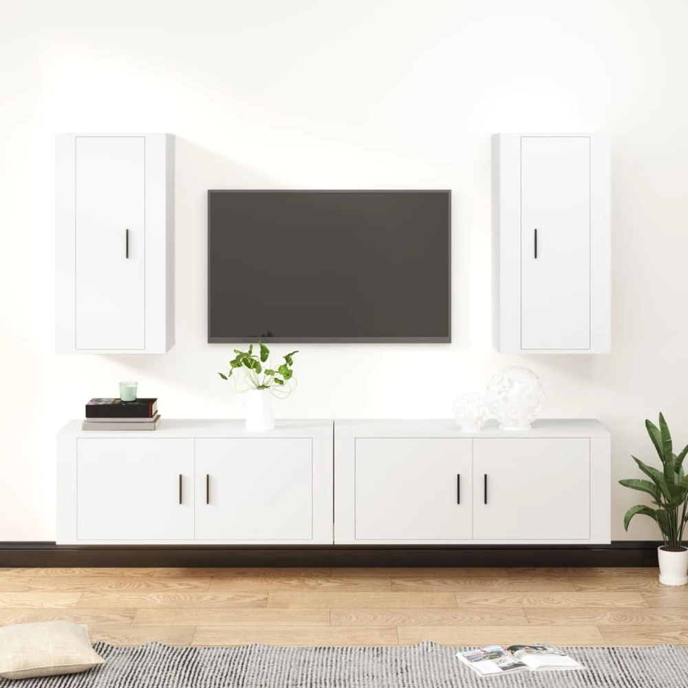 TV staliukas Televizoriaus spintelių komplektas, 4 dalių, baltas, mediena