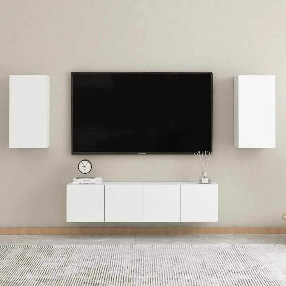 TV staliukas Televizoriaus spintelių komplektas, 4 dalių, baltas, mediena