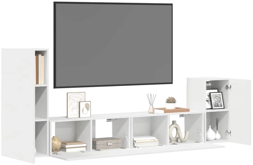TV staliukas Televizoriaus spintelių komplektas, 4 dalių, baltas, mediena