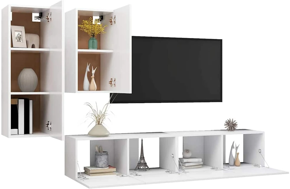 TV staliukas Televizoriaus spintelių komplektas, 4 dalių, baltas, mediena