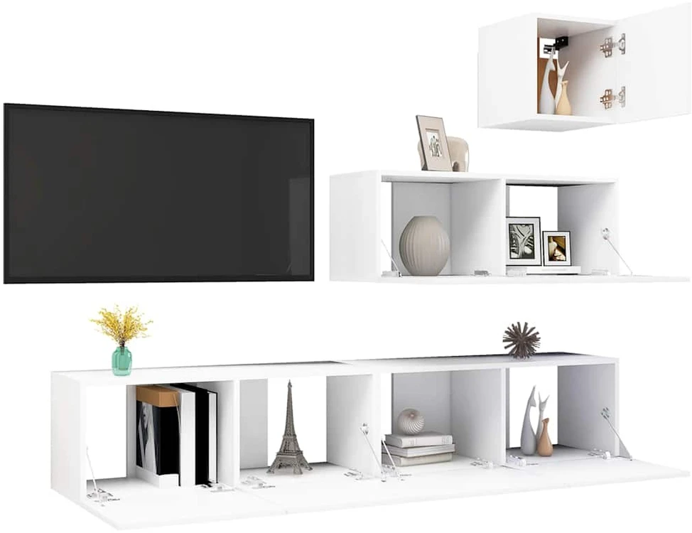 TV staliukas Televizoriaus spintelių komplektas, 4 dalių, baltas, mediena