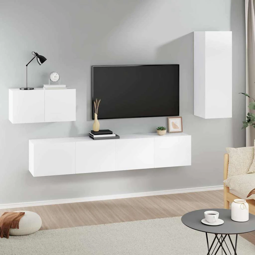 TV staliukas Televizoriaus spintelių komplektas, 4 dalių, baltas, mediena