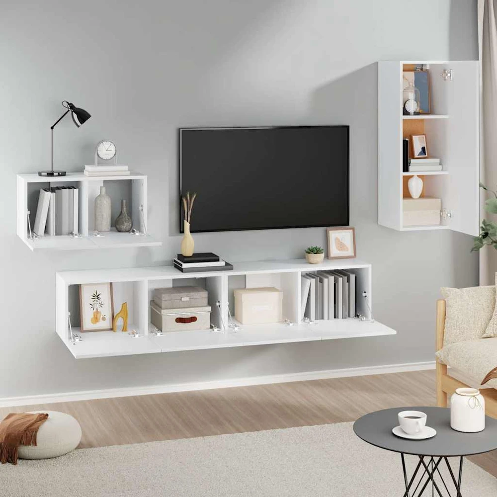 TV staliukas Televizoriaus spintelių komplektas, 4 dalių, baltas, mediena