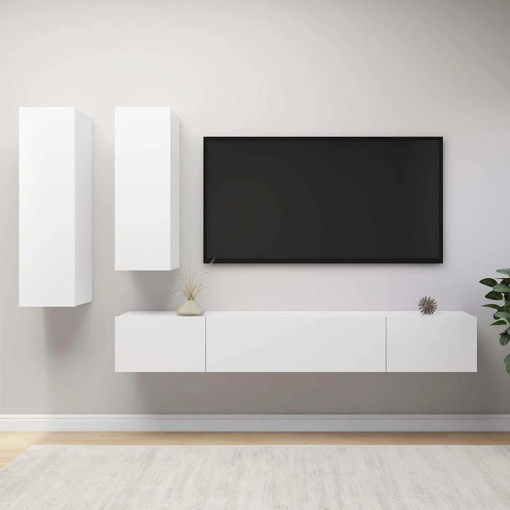 TV staliukas Televizoriaus spintelių komplektas, 4 dalių, baltas, mediena
