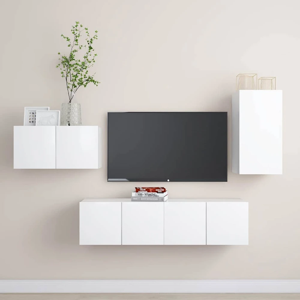 TV staliukas Televizoriaus spintelių komplektas, 4 dalių, baltas, mediena