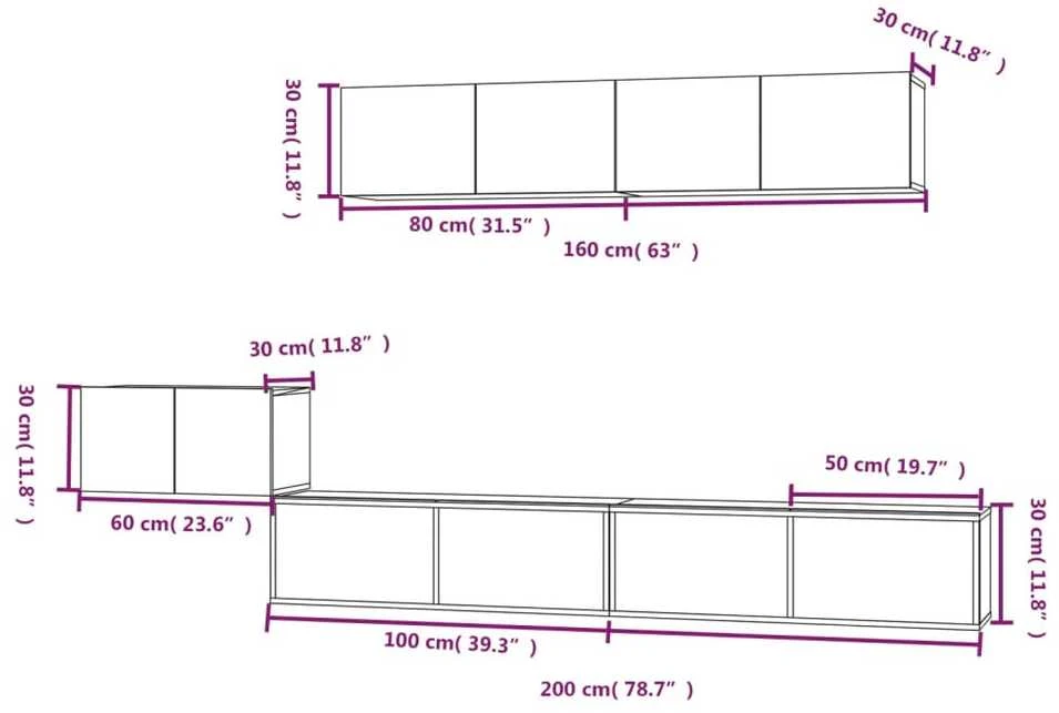 TV staliukas Televizoriaus spintelių komplektas, 5 dalių, baltas, mediena