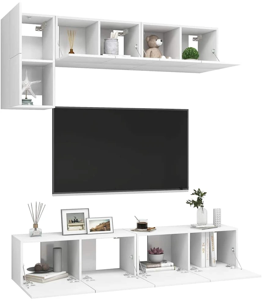 TV staliukas Televizoriaus spintelių komplektas, 5 dalių, baltas, mediena