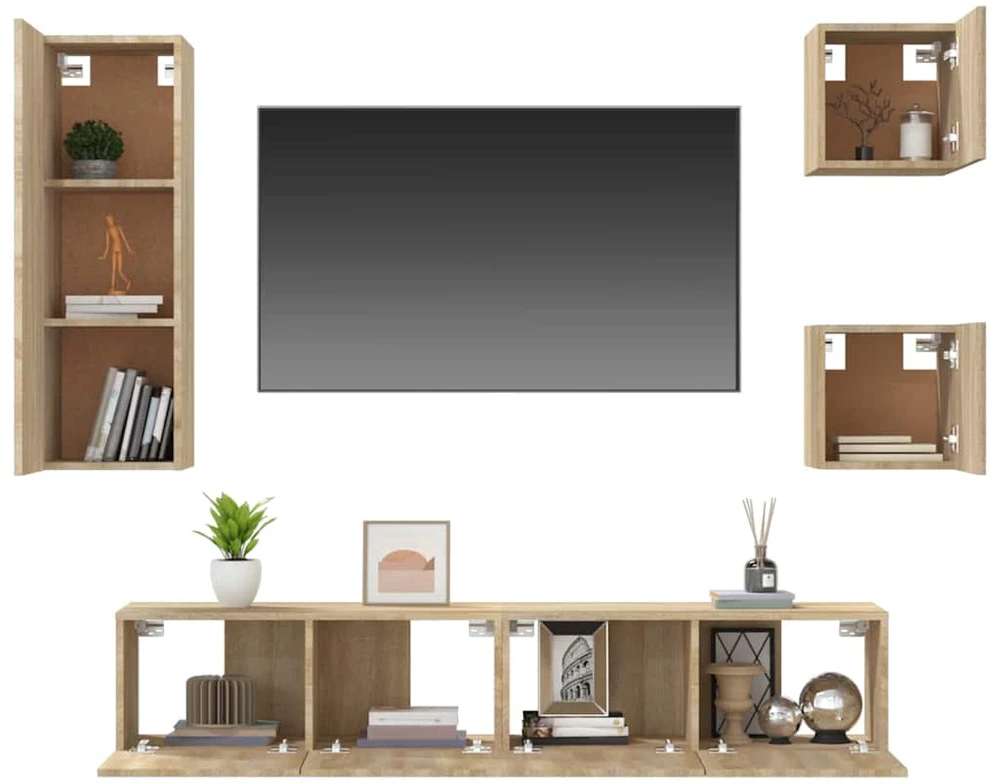 TV staliukas Televizoriaus spintelių komplektas, 5 dalių, ąžuolo, mediena