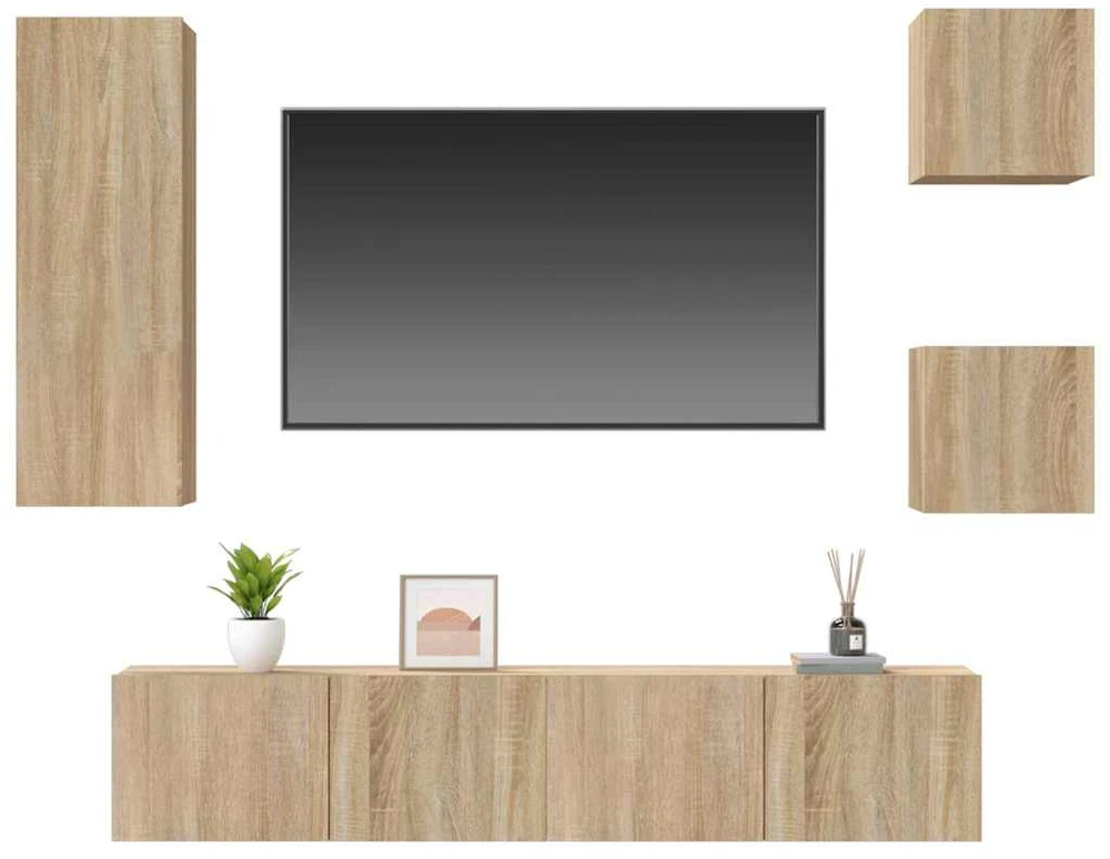 TV staliukas Televizoriaus spintelių komplektas, 5 dalių, ąžuolo, mediena