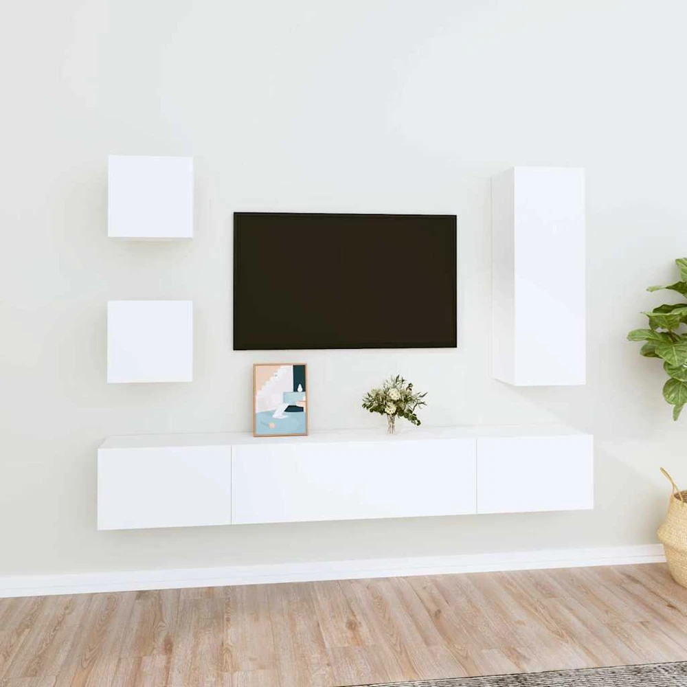 TV staliukas Televizoriaus spintelių komplektas, 5 dalių, baltas, mediena