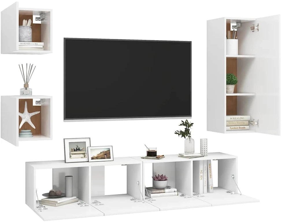 TV staliukas Televizoriaus spintelių komplektas, 5 dalių, baltas, mediena