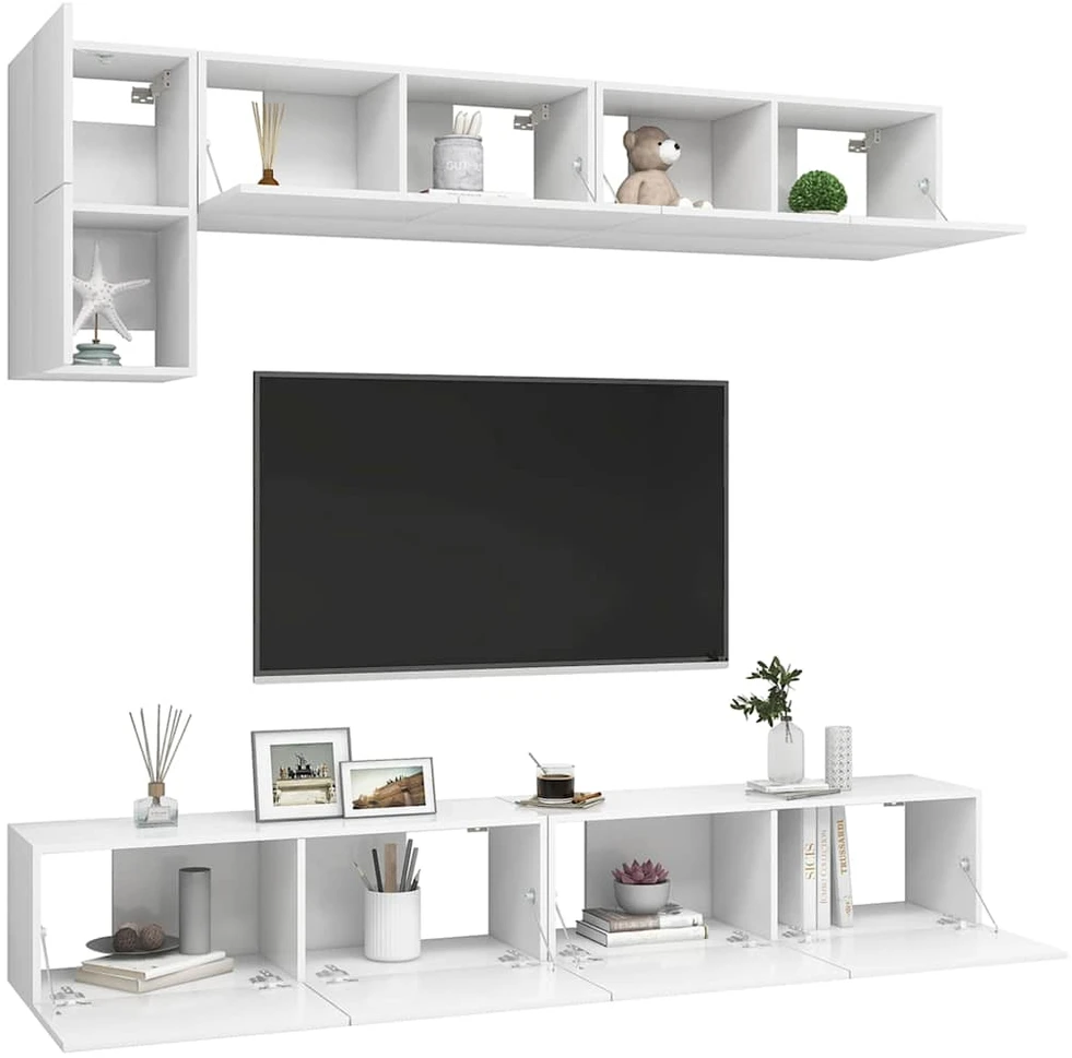 TV staliukas Televizoriaus spintelių komplektas, 5 dalių, baltas, mediena