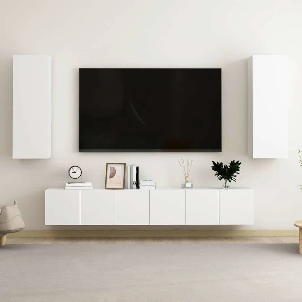 TV staliukas Televizoriaus spintelių komplektas, 5 dalių, baltas, mediena